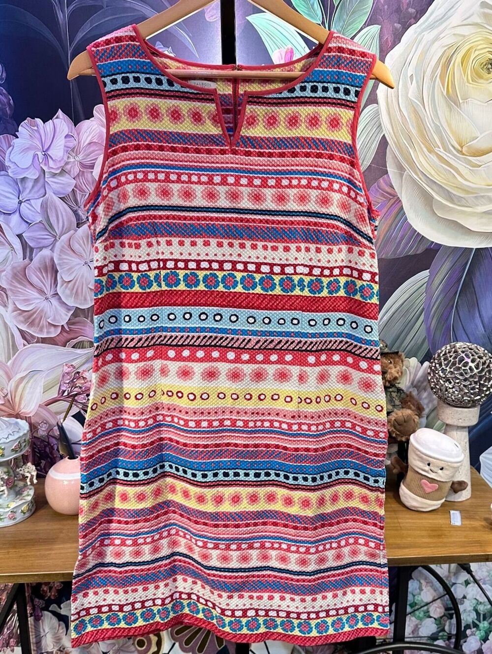 Talbots 14 Shift Dress Textured Jacquard Boho Artsy Stretch